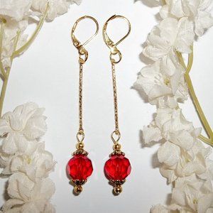 Long Gold and Red Beaded Earrings Glamorous 5411